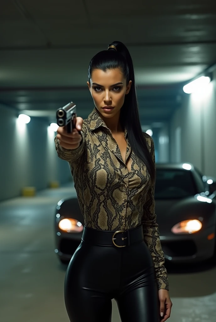 Kim Kardashian with long straight black hair in a ponytail in a shirt with snake print and with buttons and collar and with sleeves and not cropped, she has a wide black belt around her stomach,generous cleavage,in a very tight black latex leggings, she aims a gun at someone, at night in an underground car park , you can see her whole body , A sports car drives up behind her 