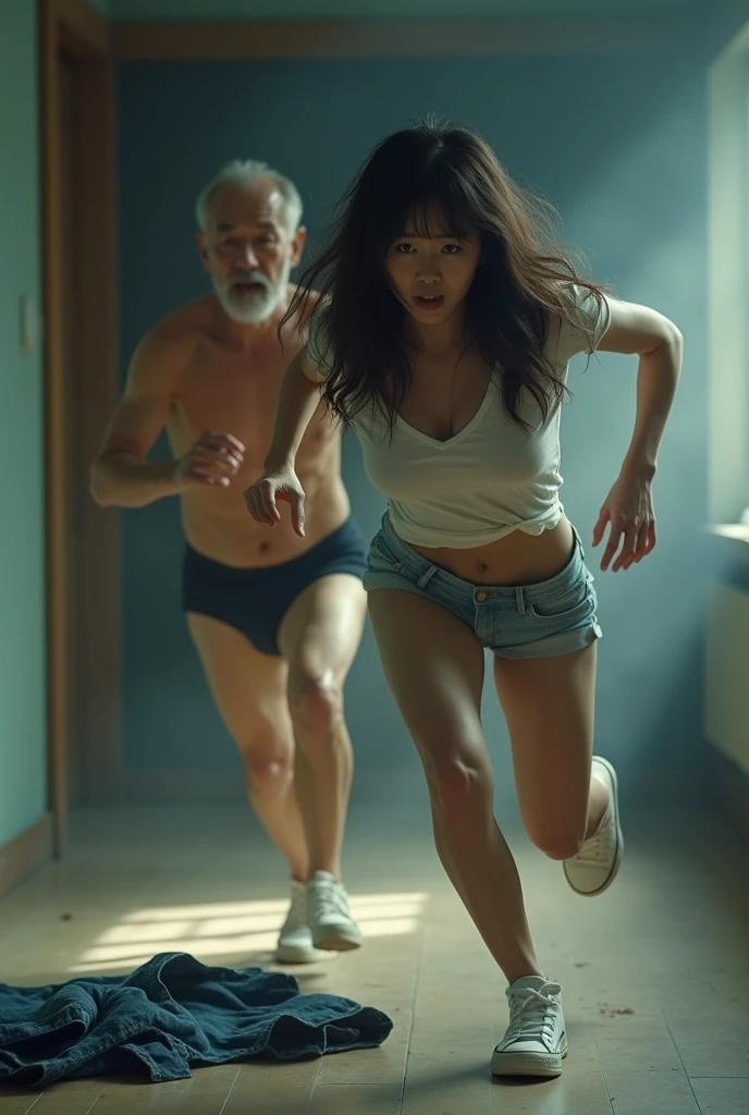 (A shabby student).A terrified woman runs away as an old man in only his underwear chases her from behind..((Korean woman with black hair).Women with big breasts.Women with big breasts.A woman running away with her body covered.Korean actress female.Korean girl group women.Woman in her 20s.Hourglass body.woman in black panties.A woman wearing a tight, thin, ripped short-sleeved T-shirt.Skinny jeans are lying on the floor..white skin woman.Wearing white sneakers.Korean fitting model.slim woman.