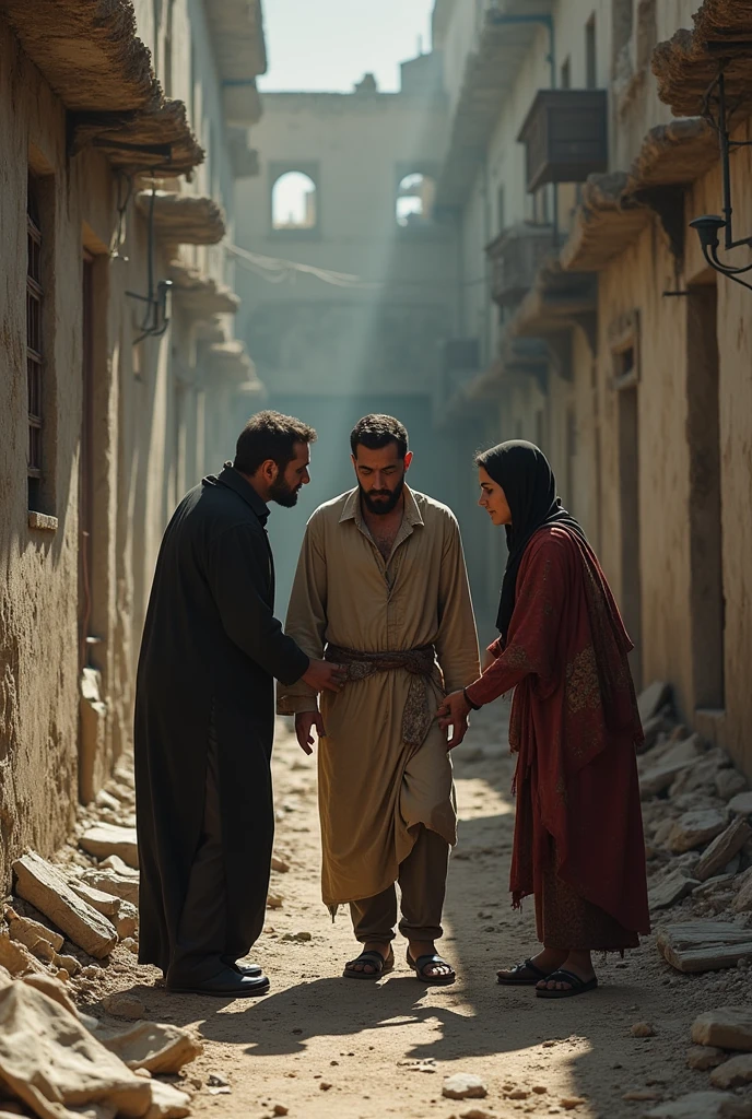 A picture of an Iranian family who wants to help a young addicted man with a weak and sick appearance and old clothes lying in the ruins of a building.




