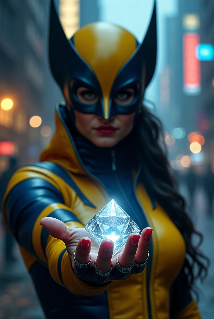 A woman dressed in a wolverine costume holding a diamond no mask