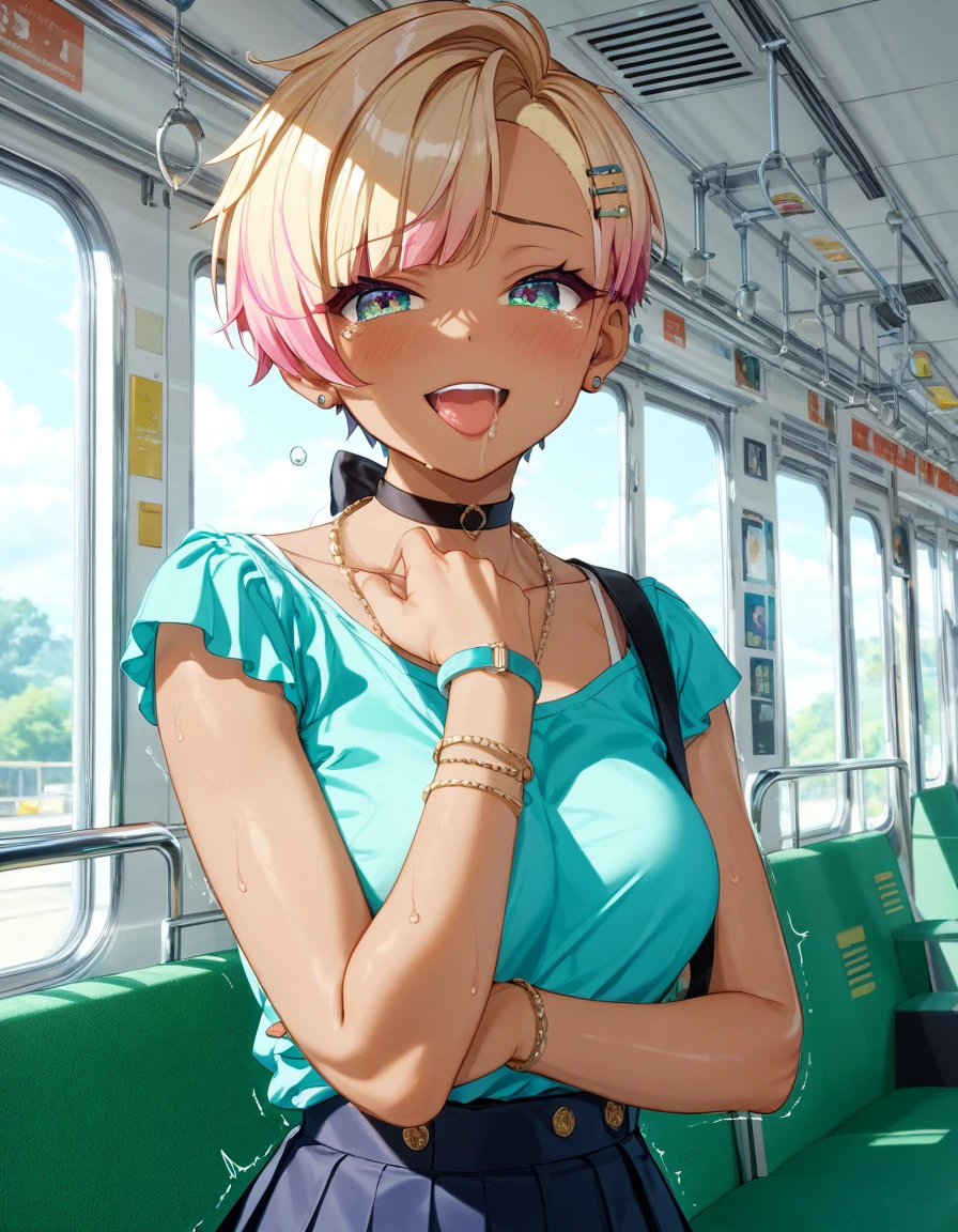 (Highest quality, 4K, 8k, High Resolution masterpiece:1.2), Very detailed, Picturesque, Anime-style photos, Photo Animation:1.37)、a beautiful girl、(Brunette Hair)、(pixie cut)、gyaru、tan、in the Crowded train、Ecstasy face、trembling、Sweat、Drooling、crying、vapor、Black choker、pierce、necklace、bracelet、