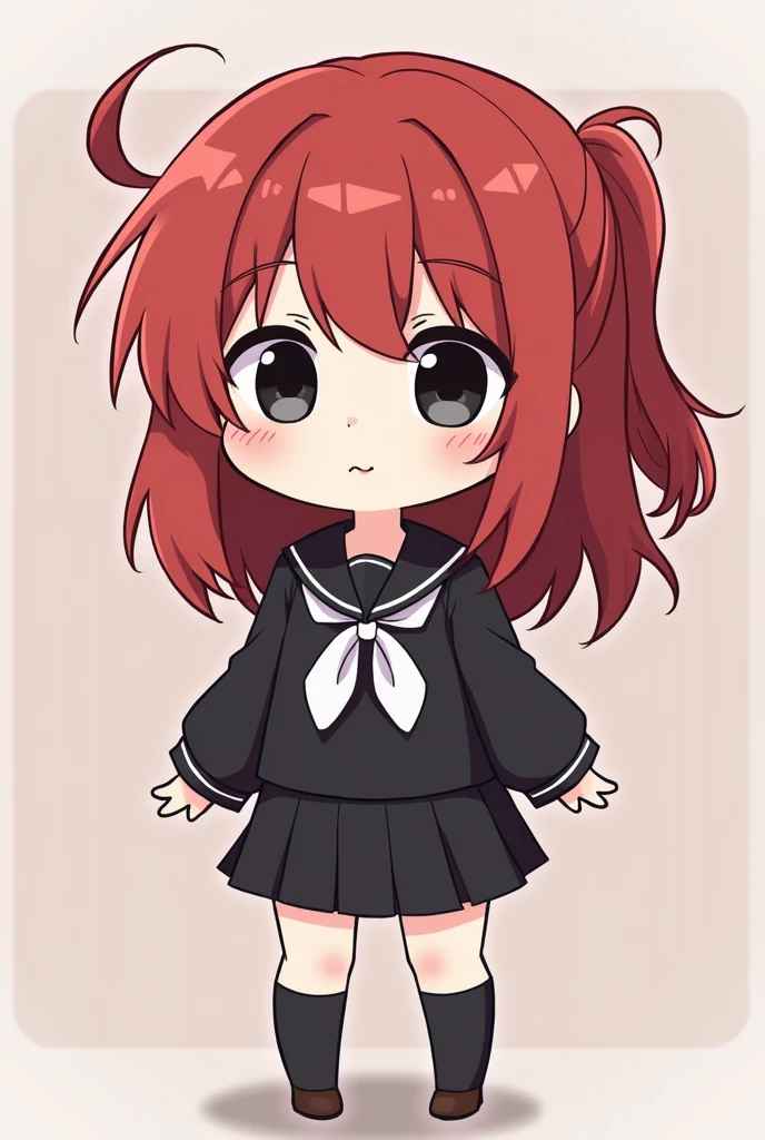 beautiful illustration, best quality, full body cute chibi girl, perfect face,high quality, a red loose hair with red high half ponytail, wearing a black Japanese school uniform, black eyes, sharp features