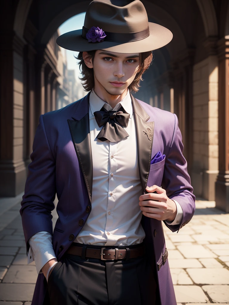 Alone, High resolution, looking at the viewer, violet eyes, masterpiece, The best quality, Awarded many times, detail, HD Model, details altos, high quality, quality, Very detailed, UHD, pale, Fedora, blurred, young, Chico, man, 1male, Brown hair, fantasy,