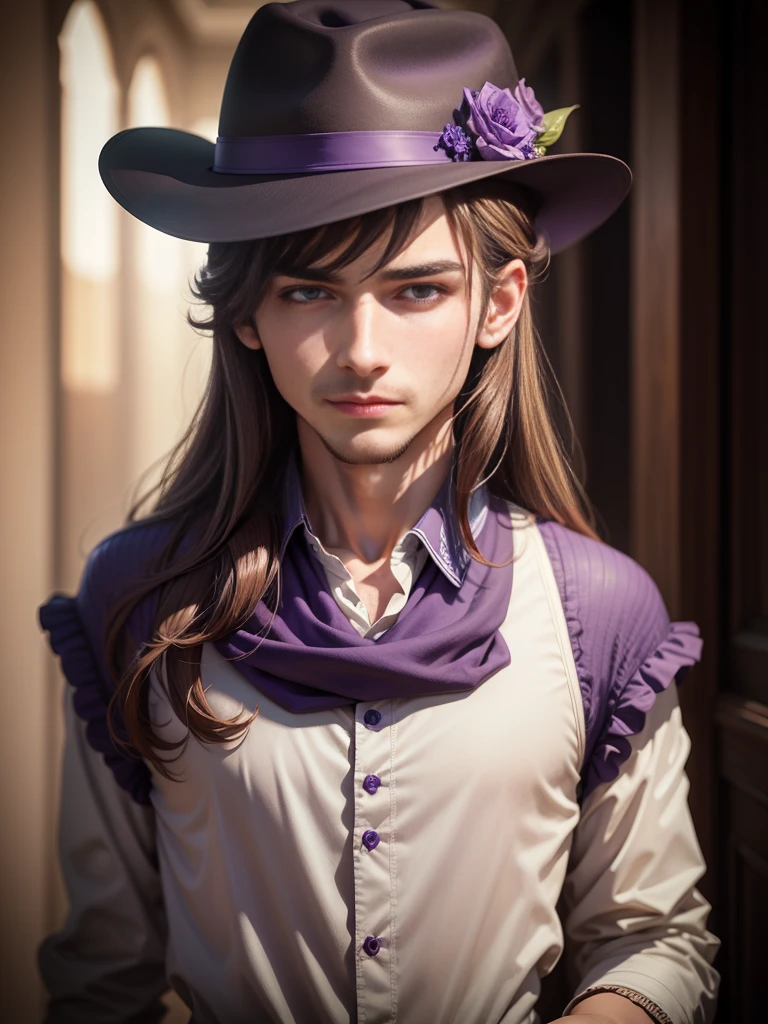 Alone, High resolution, looking at the viewer, violet eyes, masterpiece, The best quality, Awarded many times, detail, HD Model, details altos, high quality, quality, Very detailed, UHD, pale, Fedora, blurred, young, Chico, man, 1male, Brown hair, fantasy,