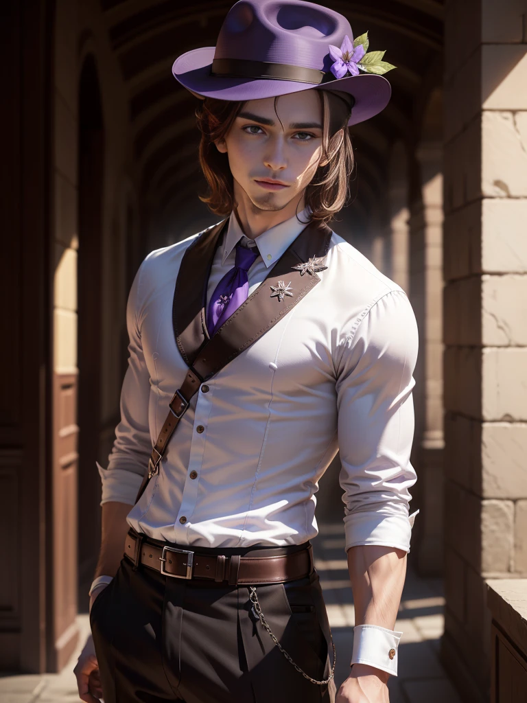 Alone, High resolution, looking at the viewer, violet eyes, masterpiece, The best quality, Awarded many times, detail, HD Model, details altos, high quality, quality, Very detailed, UHD, pale, Fedora, blurred, young, Chico, man, 1male, Brown hair, fantasy,