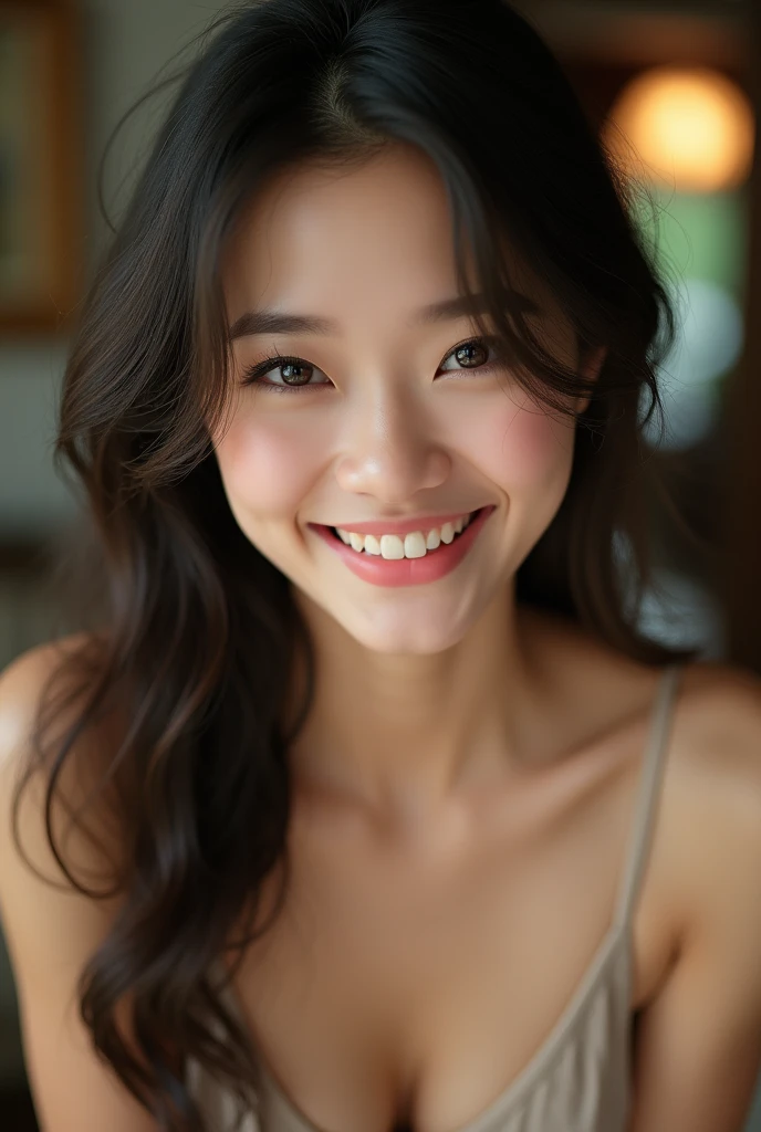 (Highest quality, 8k, 32K, masterpiece, Ultra-high resolution:1.2), Young Asian Women Photo, haughty expression, arched eyebrows, mischievous grin; provocative, natural beauty, (Leaning forward:1.3), (close:1.4), indoors, cleavage, Blurred Background