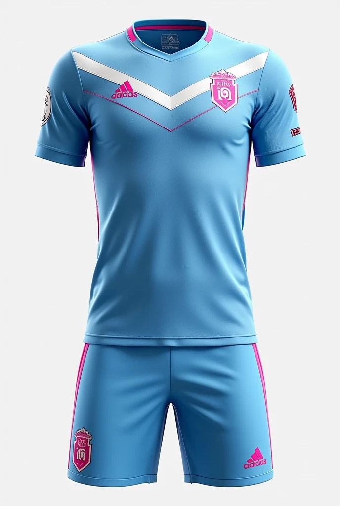 A men's soccer uniform that is light blue with white lines on the shirt and shorts and some very small details and decorations in pink or fuchsia on the shirt and shorts., that the white and pink details are quite visible