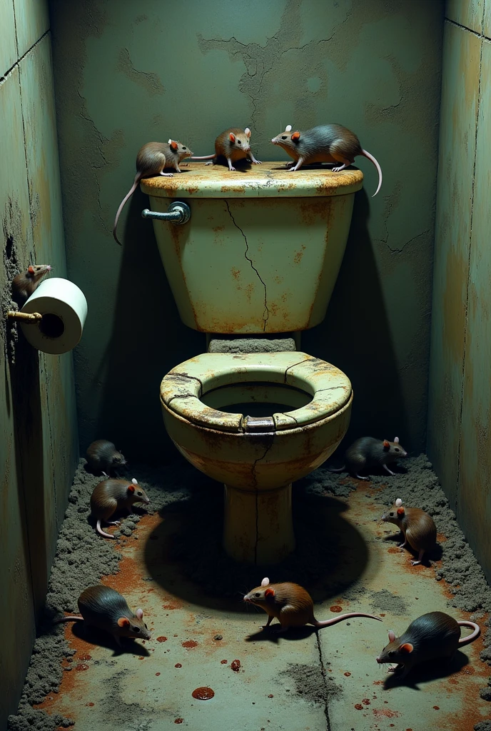 Background of old toilet with rats around it , with small stools and urine stains and dysentery 