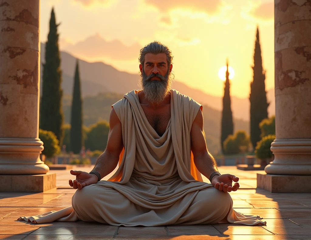 mpt: "A stoic sage sitting in an ancient Roman square, surrounded by time-worn marble columns. He is meditating in silence, with a serene and concentrated expression, as the setting sun casts long golden shadows across the landscape. The sage wears a simple toga and holds a rolled up parchment in one hand., symbolizing wisdom and knowledge. Ao fundo, there are scattered cypress trees and the mountainous horizon. The atmosphere conveys inner peace and resilience in the face of adversity."