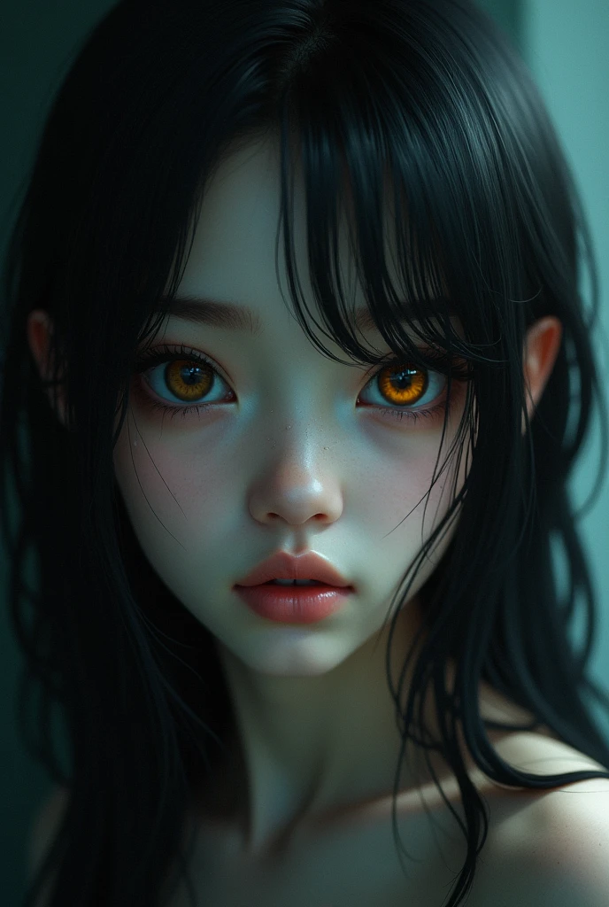 A girl with great beauty, who has hair as black as night, soft and extremely straight. Her left eye is golden and the right one is completely black, she has pale white skin,she is Brazilian btw