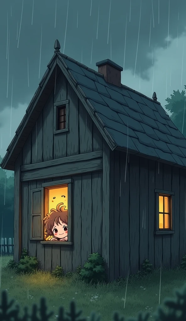 2D anime a old wooden rough house , a with curly messy hairs with happy face looking farward through open window, right side angle , rainy cloudy weather
