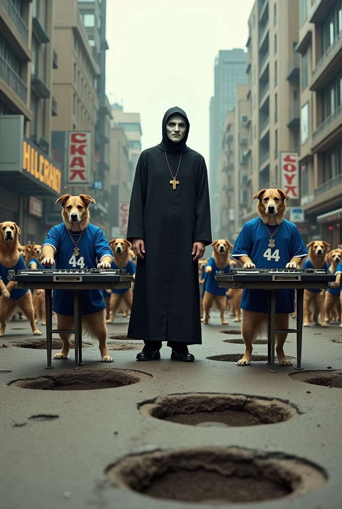 masked man, two priests DJs and a crowd of dogs on a street full of holes with blue shirts saying 44