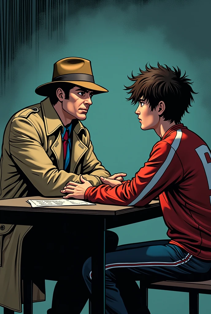 detective (The detective has brown hair and wears a brown hat and a beige trench coat.) The detective is sitting at a table interrogating a young man in an interrogation room.. (the young man has sports clothes, black fur, and has a serious expression). do it in classic comic style