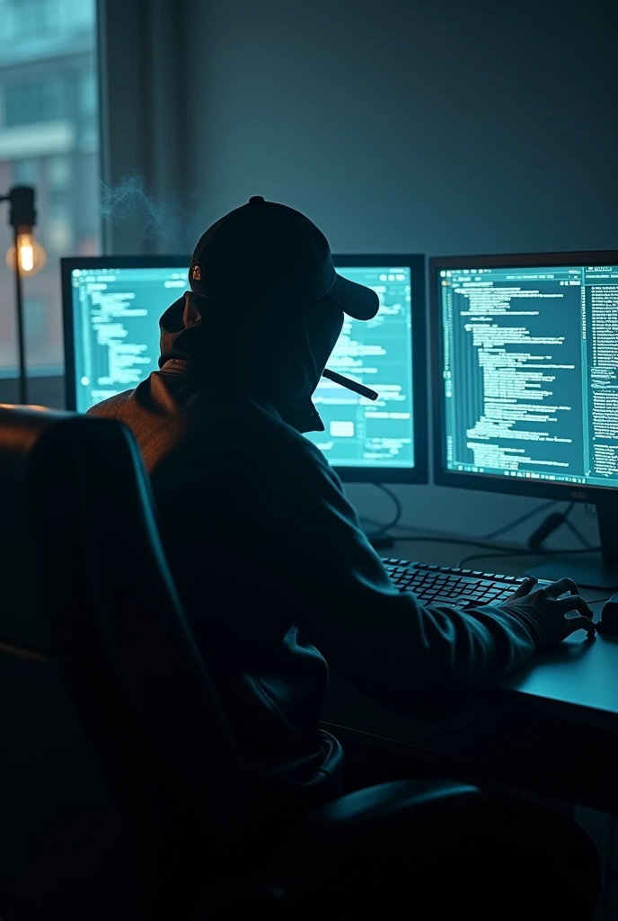 A hacker sits with his back to a leather chair at a computer with three monitors, writing code and smoking a cigar.
