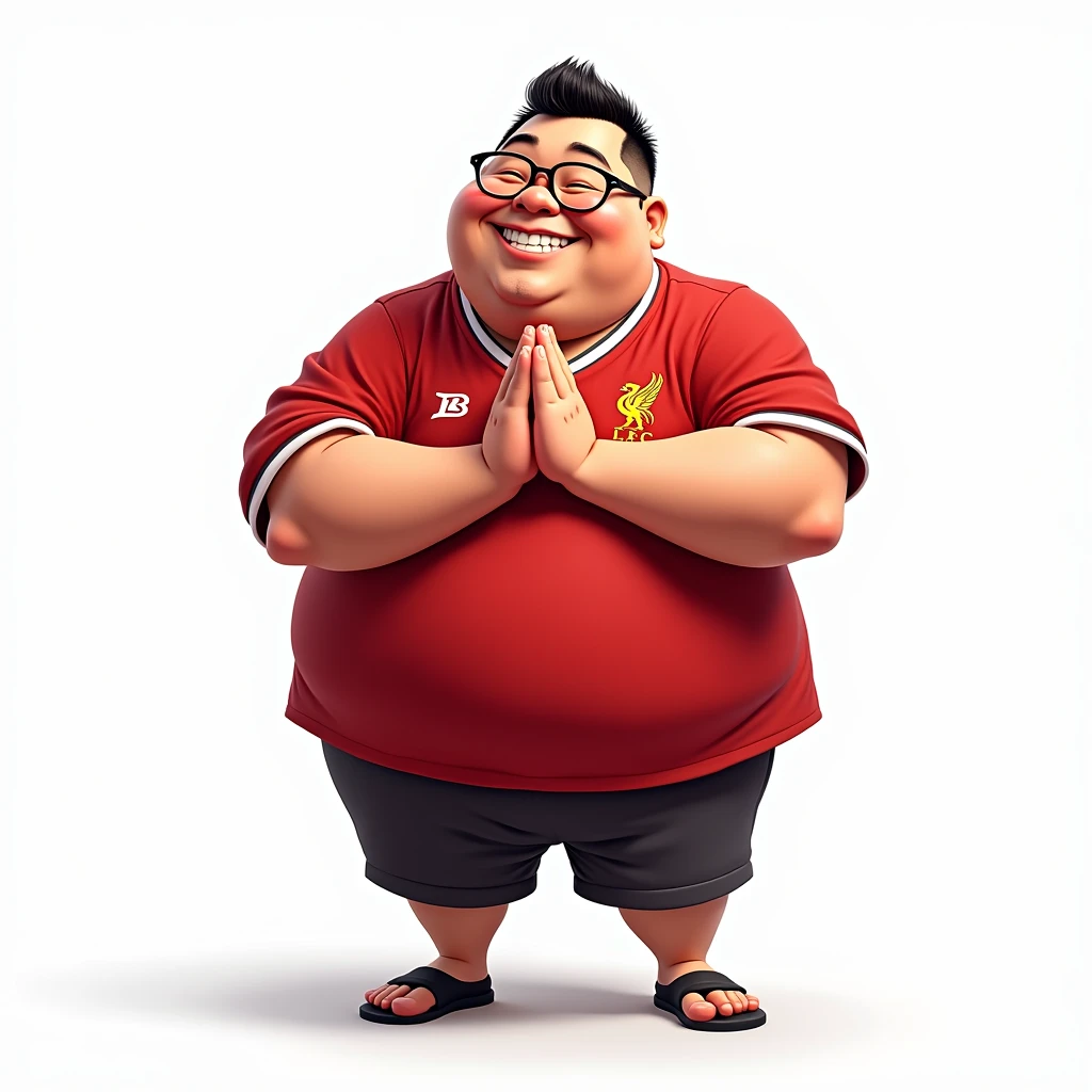 Fat Thai man, about 4, short hair, smiling in manga style, bowing in Thai style and wearing Liverpool shirt, wearing glasses, standing in cartoon style. High quality dynamic photo, detailed and colorful, realistic and colorful pose, white background.