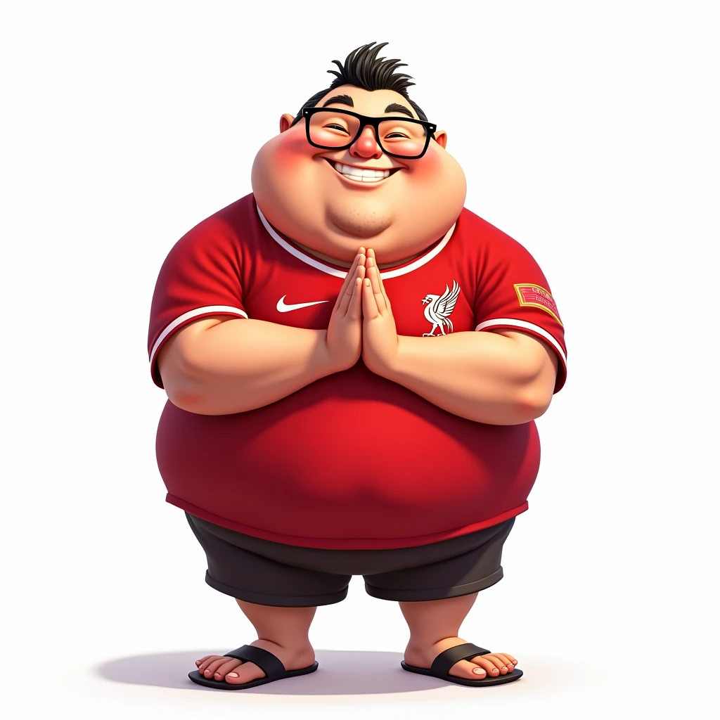 Fat Thai man, about 4, short hair, smiling in manga style, bowing in Thai style and wearing Liverpool shirt, wearing glasses, standing in cartoon style. High quality dynamic photo, detailed and colorful, realistic and colorful pose, white background.