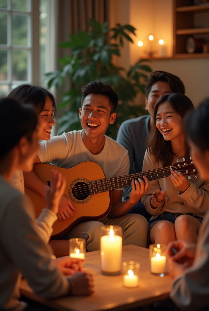 A 5-6 christians having fellowship at home with someone playing guitar. They look joyful. Age around 25-35. Asian/Indonesian.
