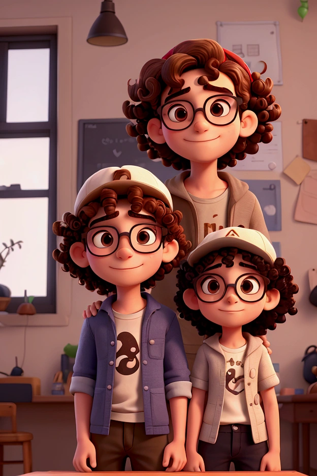Generates an image of a couple of a boy with glasses and a cap and a girl with curly hair