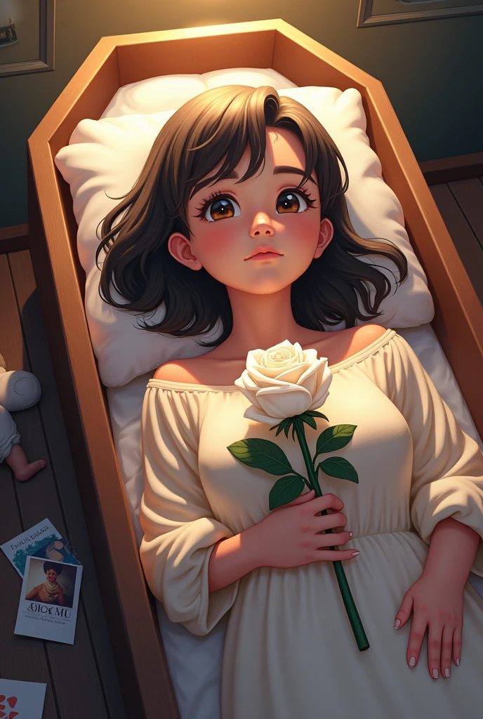 “A poignant scene in a funeral home where a young woman is in a coffin, holding a beautiful white rose. Beside her, place a small photo of a smiling and a doll. The setting is somber and respectful, with gentle lighting that highlights the touching tribute. The focus should be on the delicate items and the emotional significance they carry.” It should be in cartoon