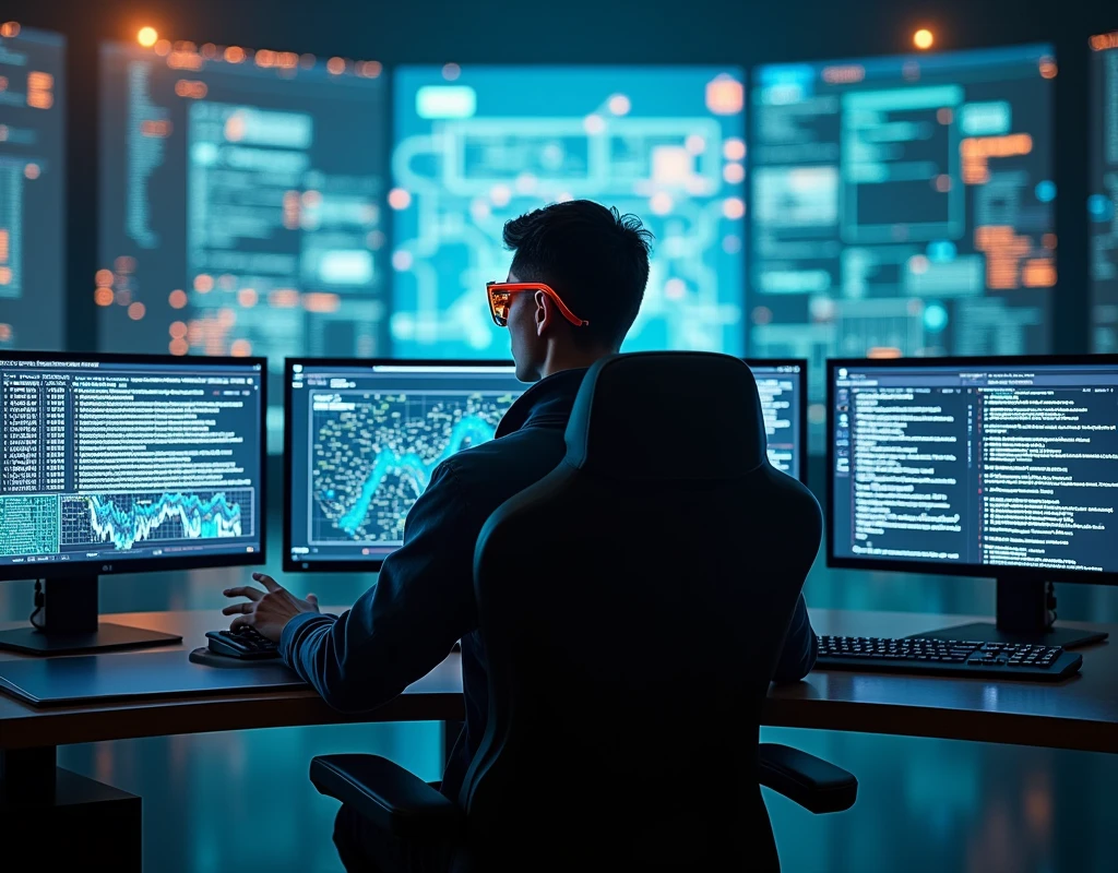 Young hacker with cybernetic implants, wearing augmented reality glasses, sits in a high-tech chair with several monitors around, each showing different parts of a city grid being hacked.