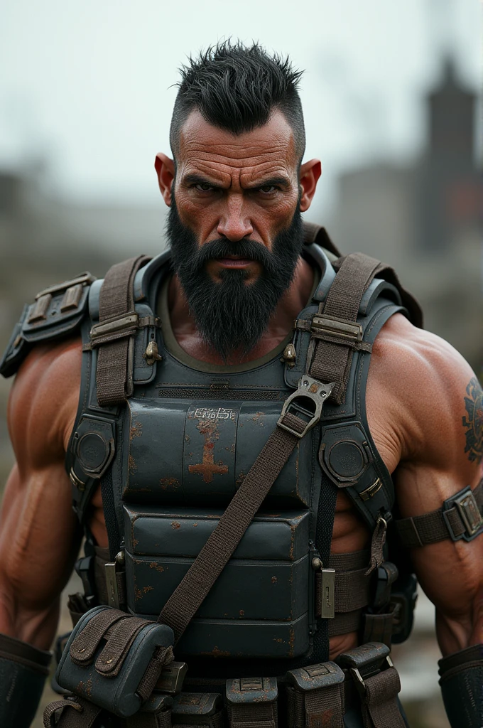 A tall man, with sculpted muscles, deep scars, black hair, kept short,, and his stubble adds a hardened look, eyes browns,He wears tactical armor, but simple, preferring agility and functionality over appearance.