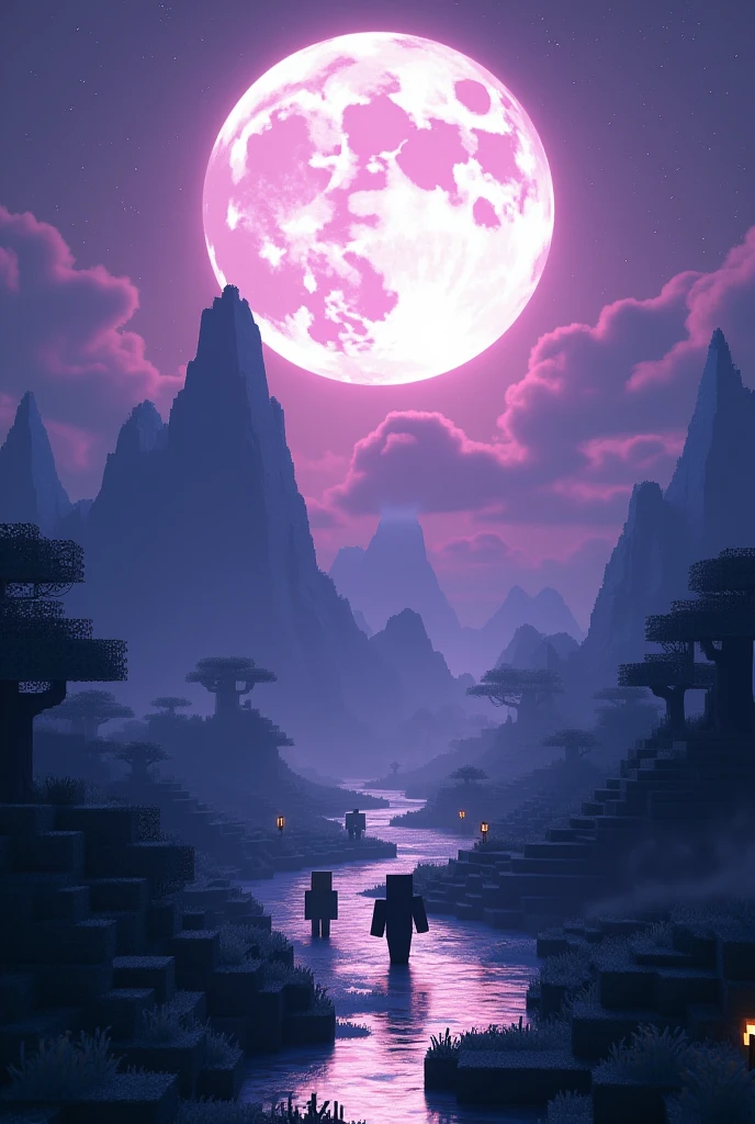 Give me a 1920x1080 image about minecraft with the title lunarcraft relating to lunarcraft and minecraft at night or a purple or blue night