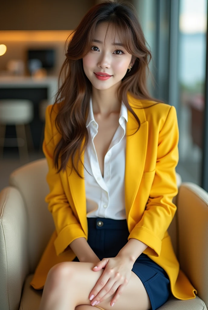 Best quality at best, realistically, ultra - detailed, Detailed pubic hair, A high resolution, 8K wallpaper, 1 Beautiful korean young woman, pink wet lips, light brown messy long hair, Wear a bright yellow office suit with dark blue short skirt, white shirt inside the suit, Perfect dynamic composition, beautiful eyes, Delicate hair, Detailed realistically skin texture, Smiling, closeup portrait, Model body type, background the Hotel reseption, blurred background, (full body shot:1.3), Shooting from a long distance, (Random body direction), sitting legs crossed, 1 leg on other leg, front view, on white office, on comfortable beige sofa, showing off her sexy legs