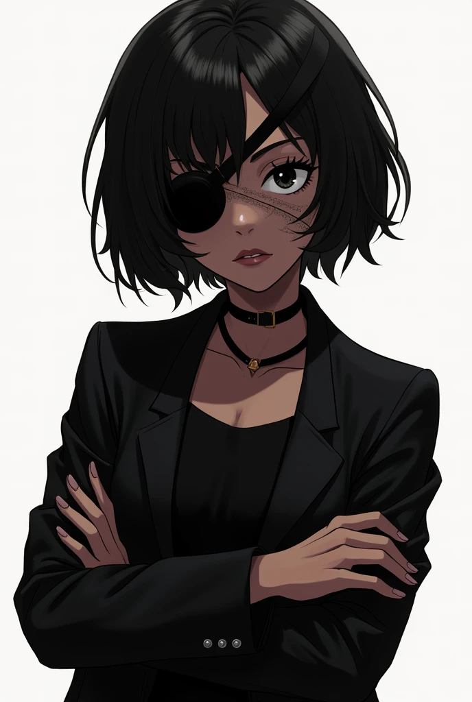 an anime girl with dark skin, arms crossed, wearing black clothes and jacket, black eyes, scar on her face, using a eye patch, short hair