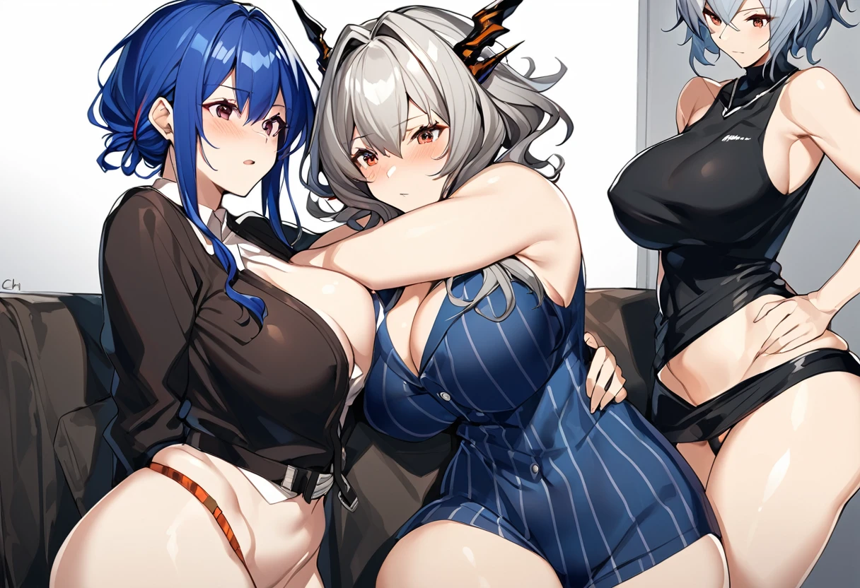 Two milf hugging each other romantically,Ch'en and Talulah(from Arknights,Ch'en has a blue hair while Taluah has a grey hair),nsfw,curvy body