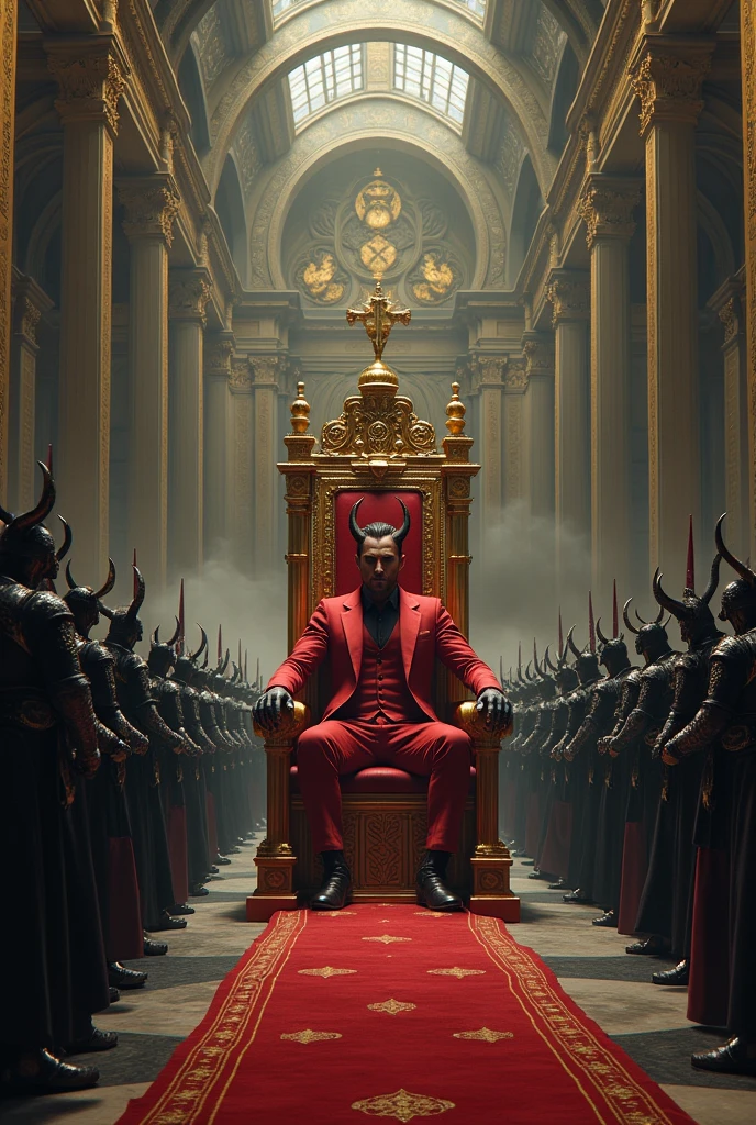 Huge giant throne room with a golden throne with a cold muscular handsome demon king with an army of demons in black armor with a handsome demon king with horns and blood red suit 