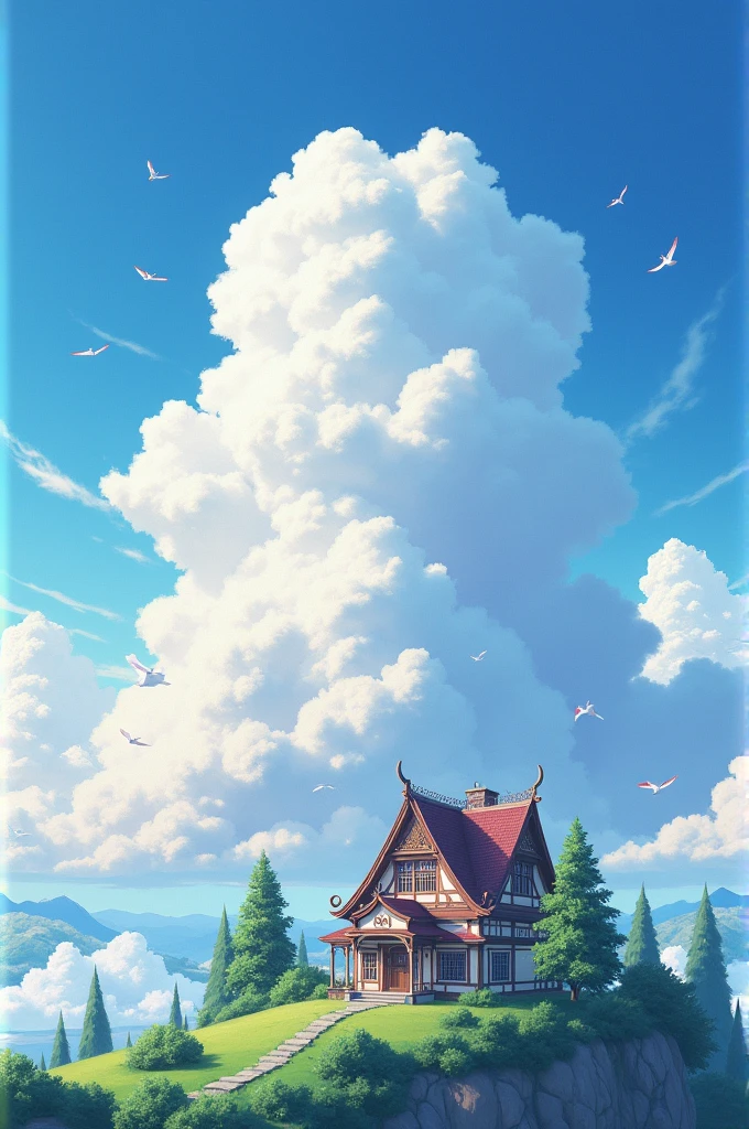 A anime house looking beautiful, sky full of beautiful clouds, birds, colour mixing of the sky