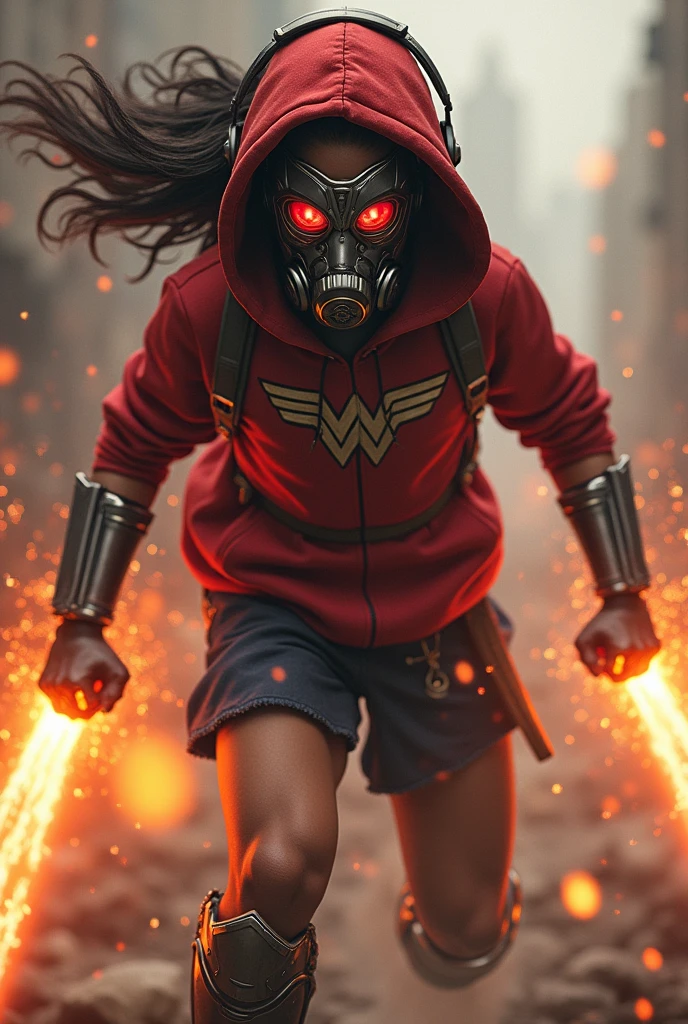 Young ??? with red hoodie, headphones, star-lord helmet, gas helmet, covered mouth, round red eyes, Red eyes, magic rings in the hands and rocket boots, Vs, wonder woman, big breasts, Fighting, power, fiction, full body, hight, fire in boots, poweful spells, realistic