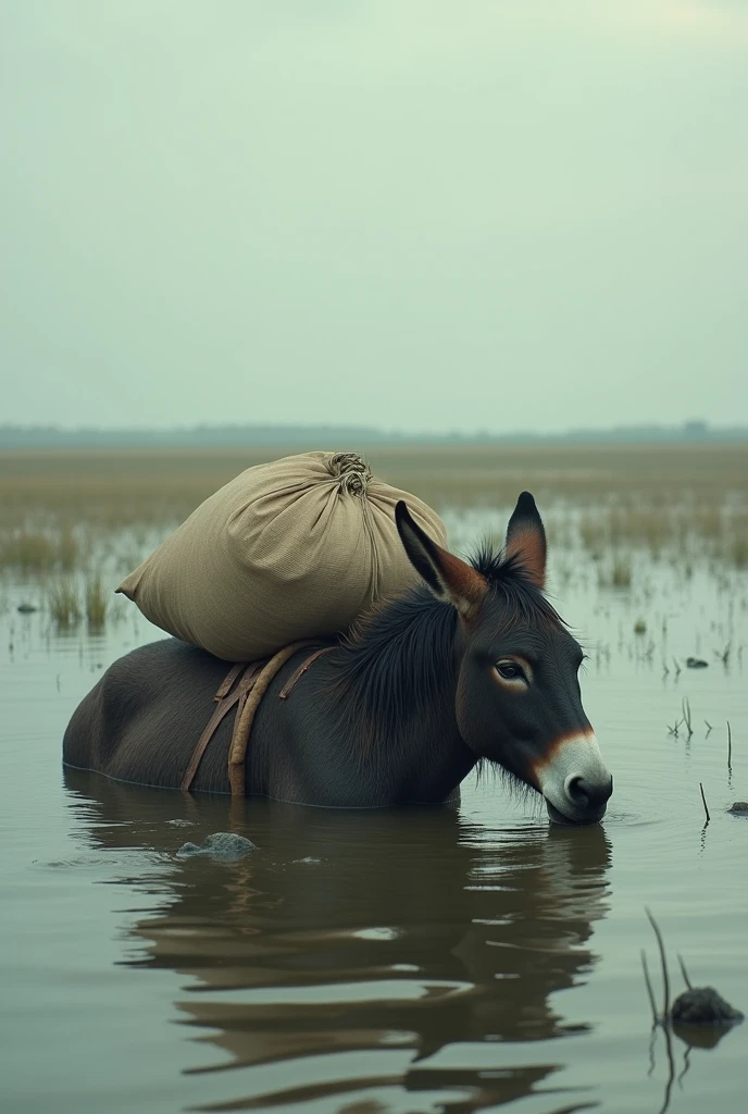 A donkey carrying a sack on its back The donkey is lying in a lot of water and the sacks are untied