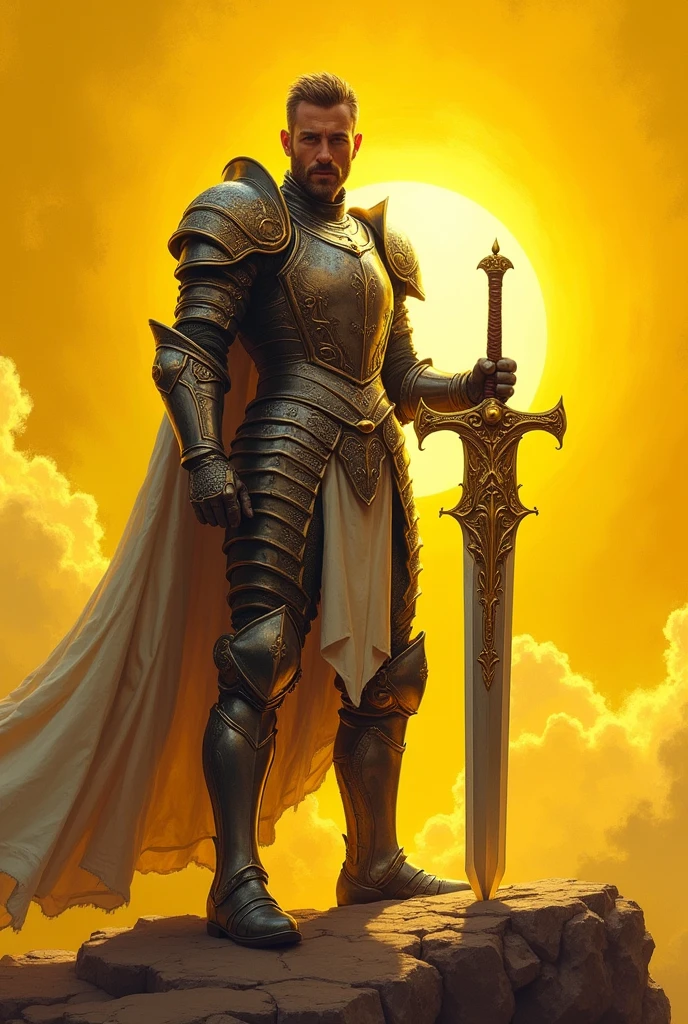 a painting of a man with a sword and armor on a yellow background with a sky in the background, art greg rutkowski, Darek Zabrocki, fantasy art, a painting