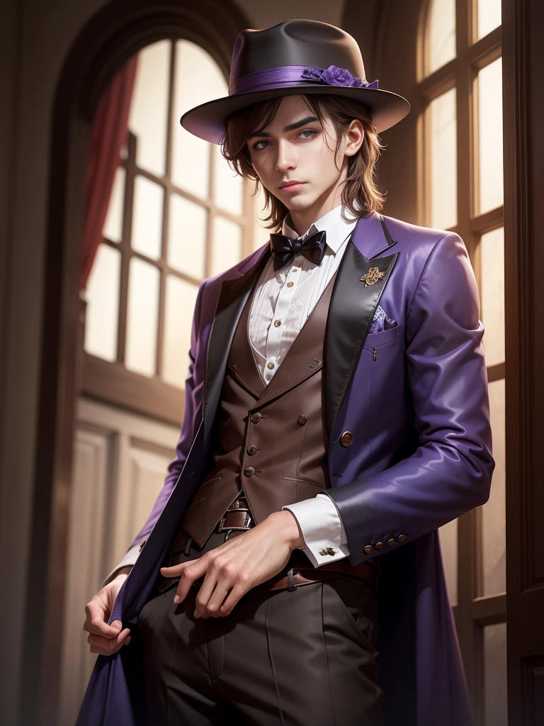 Alone, High resolution, looking at the viewer, violet eyes, masterpiece, The best quality, Awarded many times, detail, HD Model, details altos, high quality, quality, Very detailed, UHD, pale, Fedora, blurred, young, Chico, man, 1male, Brown hair, fantasy,