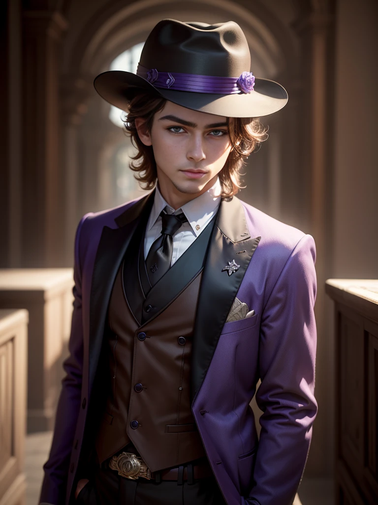 Alone, High resolution, looking at the viewer, violet eyes, masterpiece, The best quality, Awarded many times, detail, HD Model, details altos, high quality, quality, Very detailed, UHD, pale, Fedora, blurred, young, Chico, man, 1male, Brown hair, fantasy,
