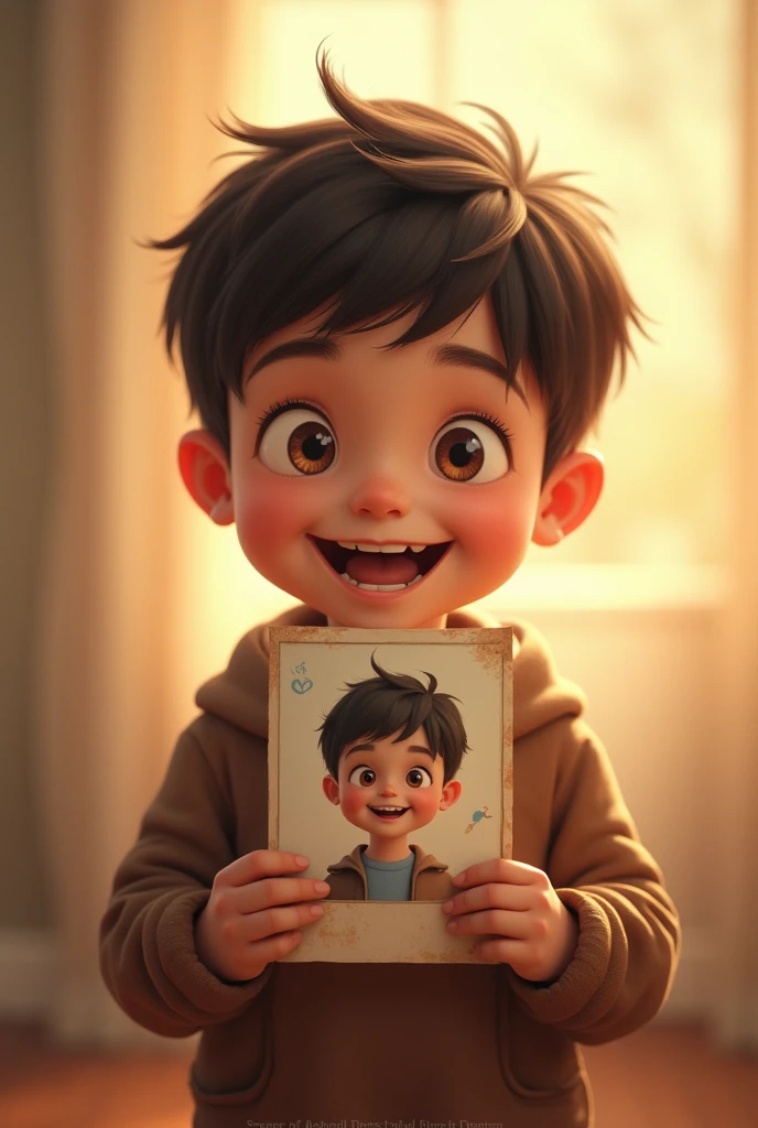 “A heartwarming image of a small, joyful boy holding a photo of himself, smiling brightly. The photo is slightly faded, showing the boy laughing. The background is a warm, gentle color to reflect the innocence and happiness of the moment. The boy’s face should express joy and excitement as he holds the photo close.”