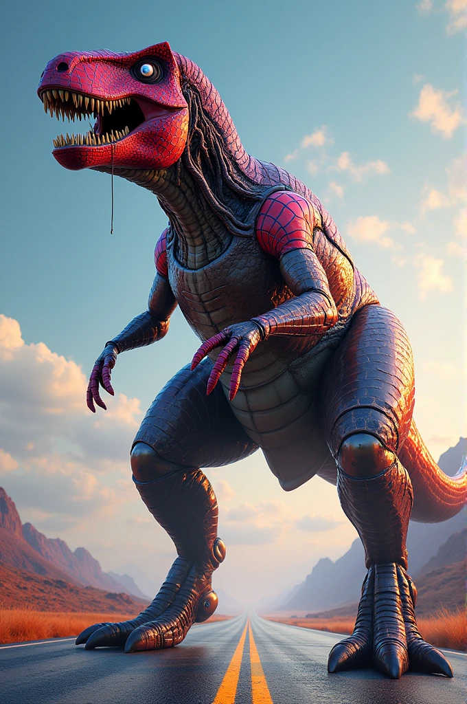 Create a realistic image, design a T rex, a long road, body and face composed of symbiotic elements of Spiderman. The image is bright and shiny. T rex is very strong and scary looking