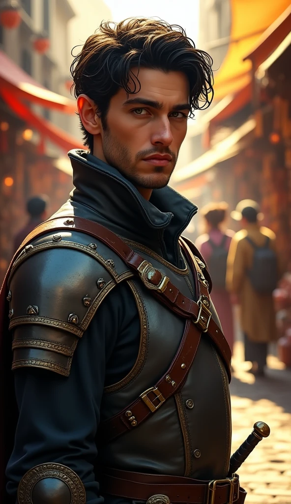 Epic fantasy portrait masterpiece, illustrious male half-elf detective in his thirties, piercing pale eyes filled with curiosity and wisdom, tousled dark hair framing a chiseled face adorned with light stubble, classically defined Roman nose exuding determination and nobility, clad in beautifully crafted studded leather armor reflecting both elegance and functionality, dynamically posed as he stands at the forefront of a bustling renaissance city street teeming with life, vibrant market stalls lined with colorful wares around him, animated townsfolk engaged in lively discussions surrounding an atmosphere rich with the scent of exotic spices and magical energy, creative composition highlighting the duality of his role as a scholar and an investigator, soft golden sunlight filtering through the market canopy, casting intricate shadows upon his attire, enveloping him in both warmth and a sense of expectation, each detail, from the glint of his armor to the unique design of his rapier sheathed at his left hip, meticulously depicted to enhance his heroic stature in the epic fantasy setting, executed in a resplendent hyper-realistic style that draws the viewer into an adventurous narrative, inviting exploration of the character's intertwining path of inquiry and magic.