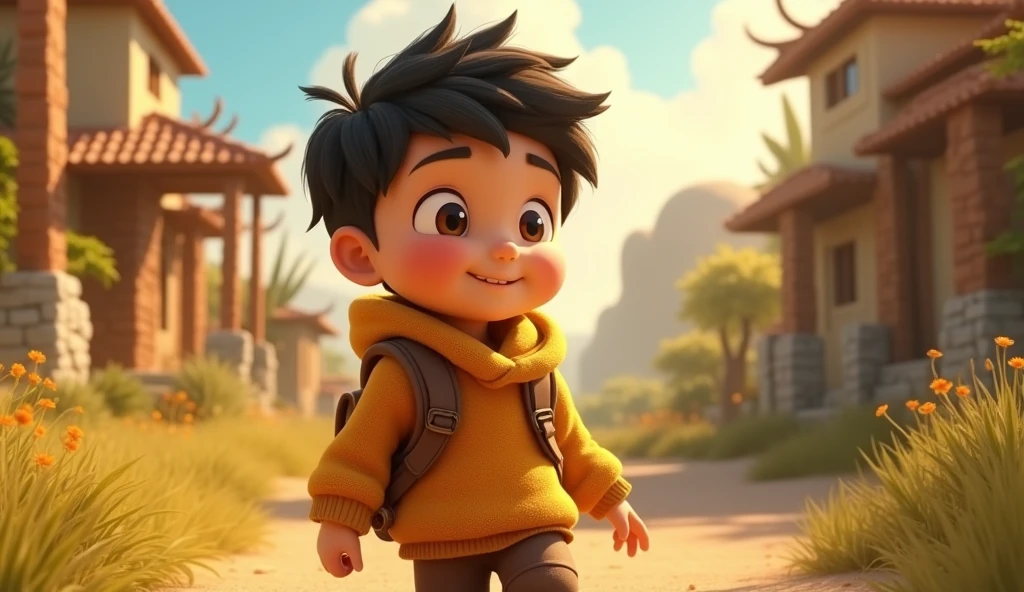 Boy image for YouTube video story in Pixar style, He is a little Alla Bester., He is the class leader., He is about to go out., Playful and curious about many things, short hair,But instead of taking the treasures, Jack realized that his true adventure was the journey itself—the friends he made, the courage he showed, and the kindness he shared.