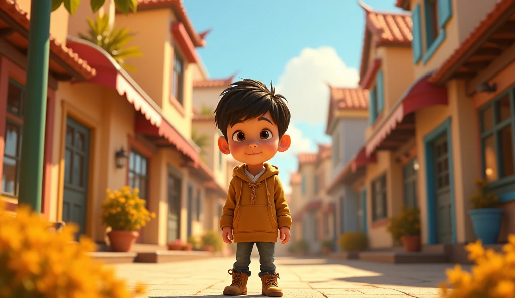 Boy image for YouTube video story in Pixar style, He is a little Alla Bester., He is the class leader., He is about to go out., Playful and curious about many things, short hair,But instead of taking the treasures, Jack realized that his true adventure was the journey itself—the friends he made, the courage he showed, and the kindness he shared.