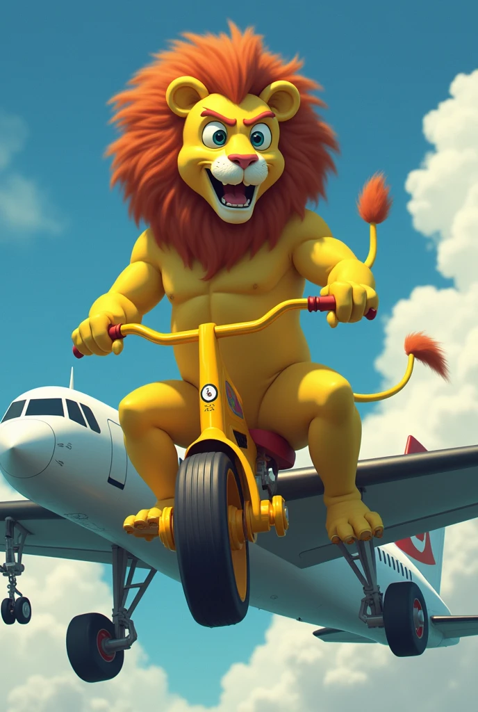 Bald lion riding Sponge Bob&#39;s tricycle on top of a plane 