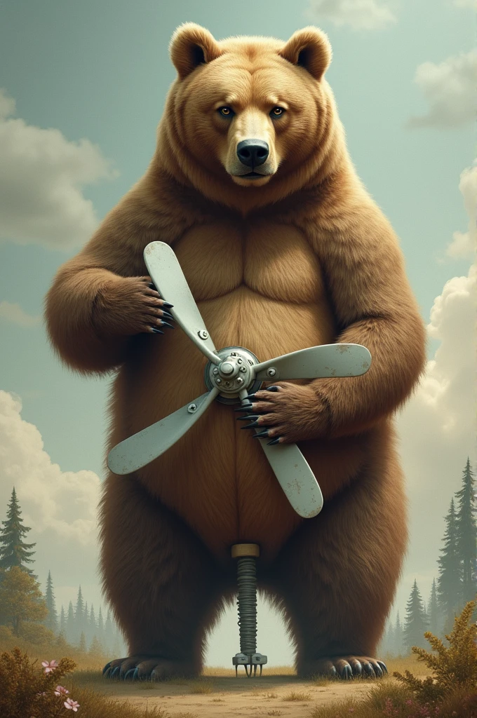 The bear twists the propeller that hangs from his penis with his paws
