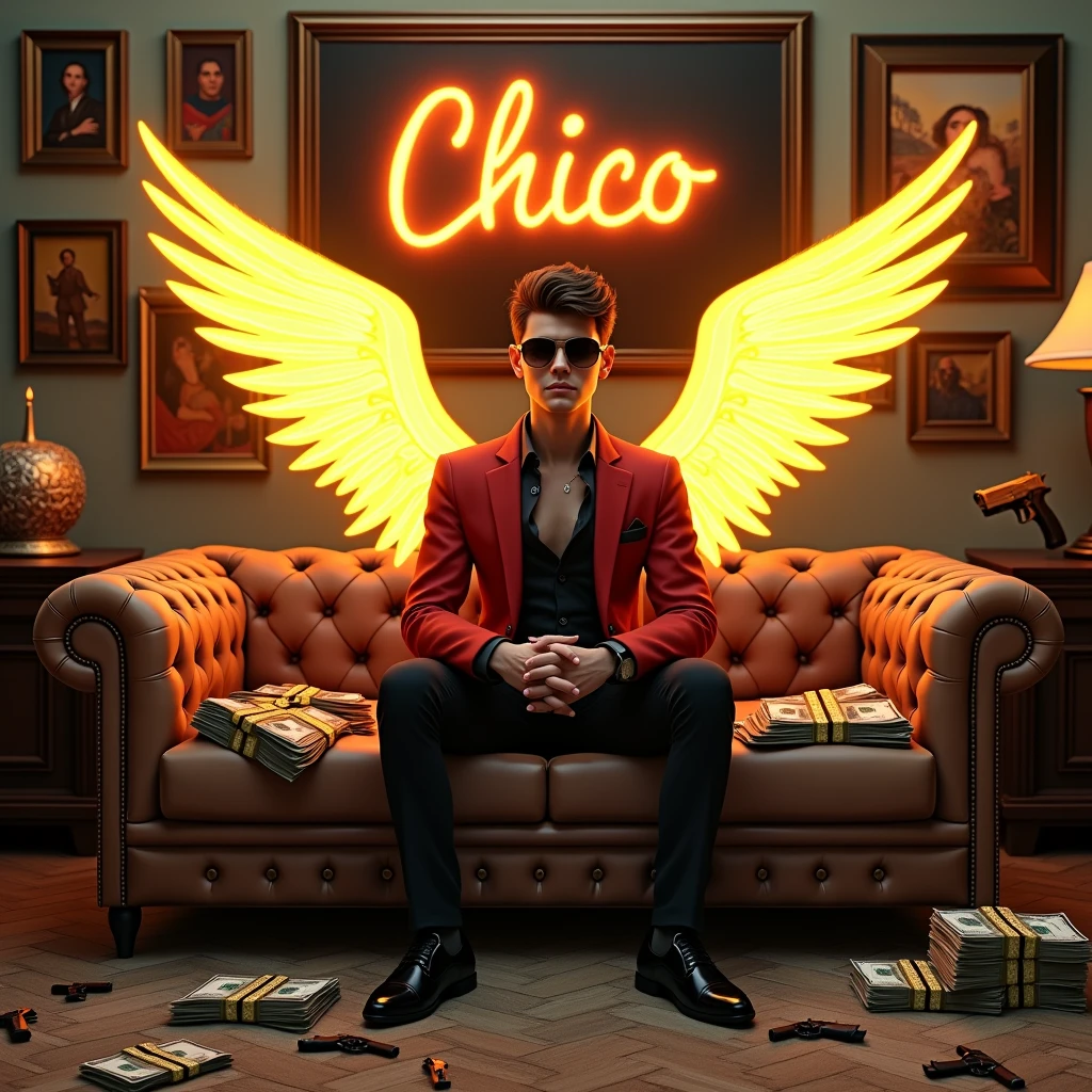 Create a realistic image where a 20 years old boy sitting on a sofa with glowing golden yellow wings, there are many cash and gold on sofa with guns. At wall there are many luxury paintings and one big painting in middle. Character is Wearing a red and black luxury suit and sunglasses. In background "CHICO" is written with neon and bold glowing effects which is just above the sofa and matching colour same as glowing golden wings