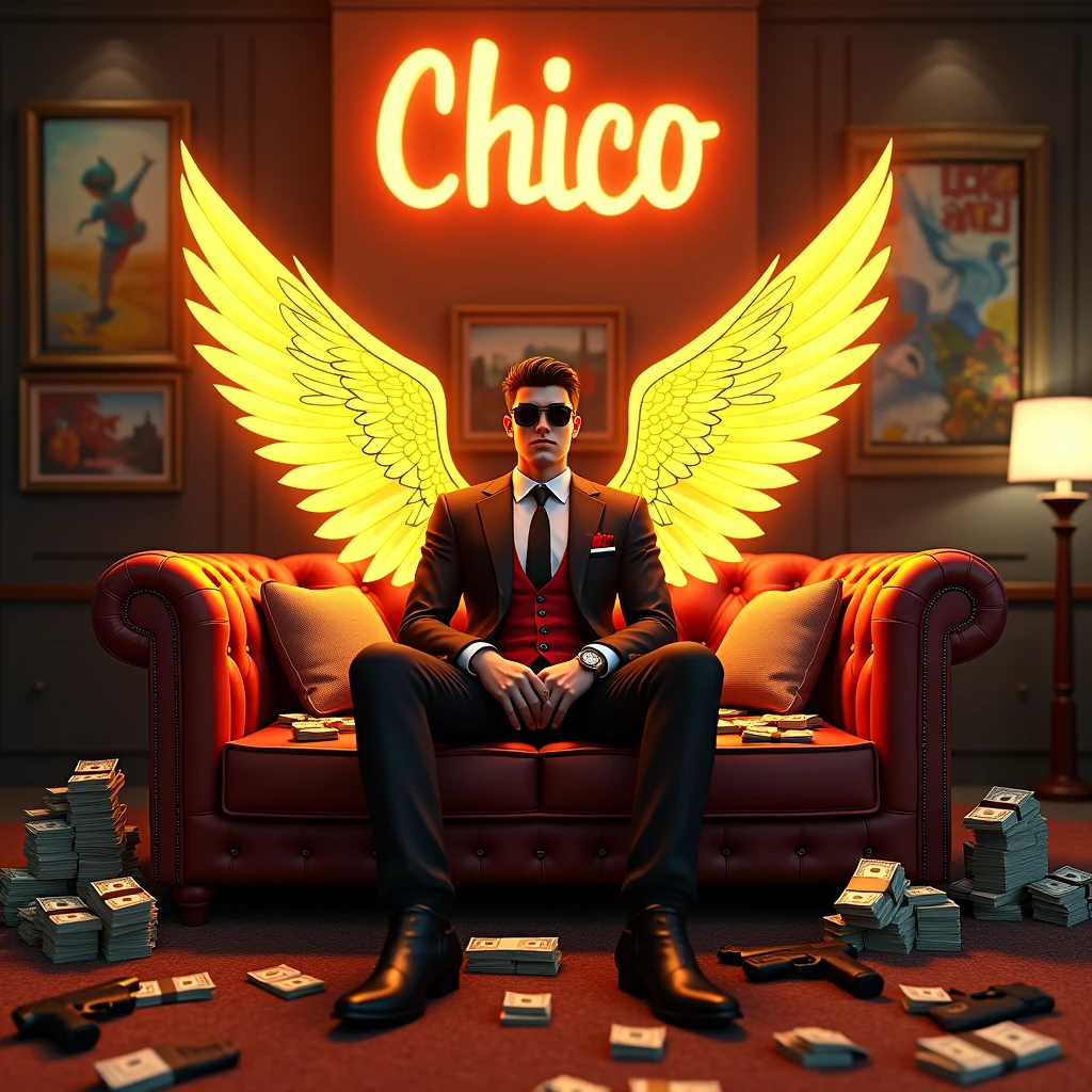 Create a realistic image where a 20 years old boy sitting on a sofa with glowing golden yellow wings, there are many cash and gold on sofa with guns. At wall there are many luxury paintings and one big painting in middle. Character is Wearing a red and black luxury suit and sunglasses. In background "CHICO" is written with neon and bold glowing effects which is just above the sofa and matching colour same as glowing golden wings