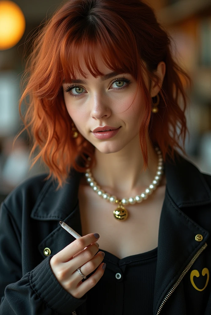 Short hair, eyebrow-length bangs, clothing style: black jacket, pearl necklace with another pearl necklace interspersed with smileys. pearl earring.
tennis nike, cigarette in hand.
Casual and smiling Straight hair Redhead fringe Brown woman almost black Strong features Full mouth The woman is brunette . Brazilian