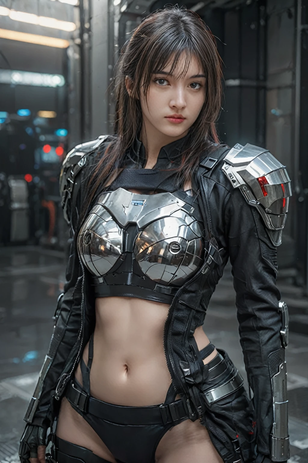 masterpiece,Best quality,A high resolution,8k,(Portrait photograph:1.5),(ROriginal photo),real photograph,digital photography,(Combination of cyberpunk and fantasy style),(Female soldier),20-year-old girl,random hair style,By bangs,(Red eyeigchest, accessories,Keep one's mouth shut,elegant and charming,Serious and arrogant,Calm and handsome,(Cyberpunk combined with fantasy style clothing,Openwork design,joint armor,Combat uniformposing your navel,Photo pose,Realisticstyle,gray world background,oc render reflection texture