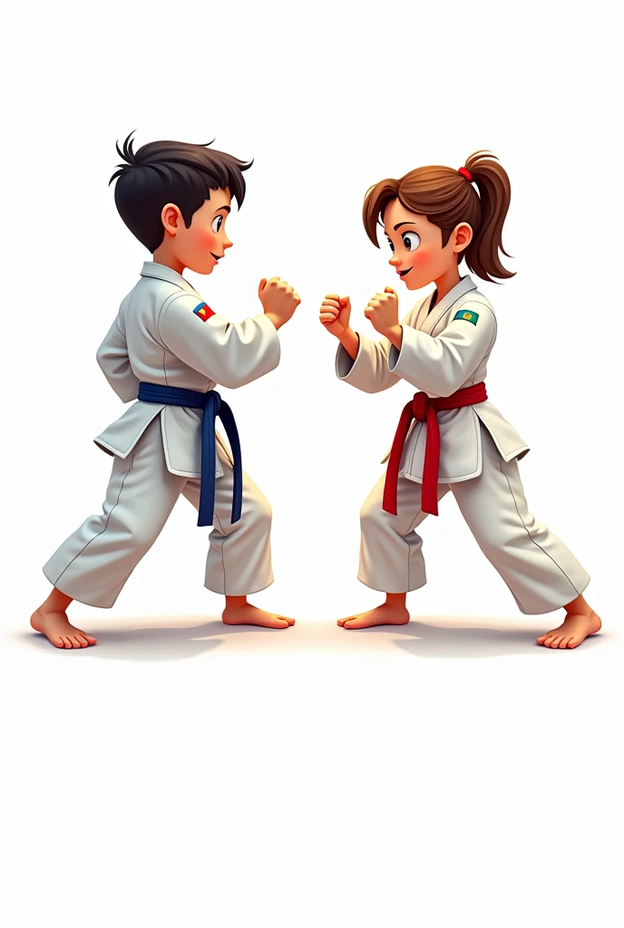 ((officially)) ((masterpiece)) ((Best quality)) ((detailed)) cartoon boy and girl karatekas in uniform with emblem flag of Kazakhstan in fighting stance on white background