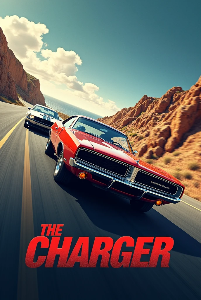 Movie poster of a 1970 Dodge charger and a 2015
mustang Shelby super Snake racing each other, the title name THE CHARGER