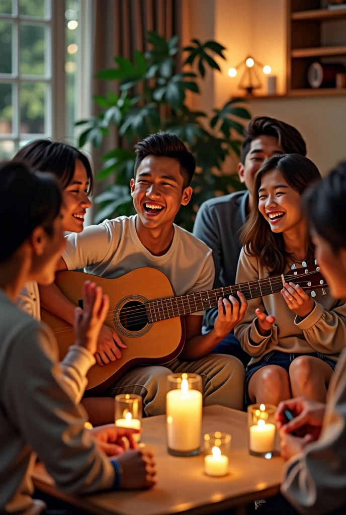 A 5-6 christians having fellowship at home with someone playing guitar. They look joyful. Age around 25-35. Asian/Indonesian.